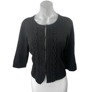 Ann Taylor Black Crochet Embroidered Half Sleeve Blazer Cardigan Blouse Top L